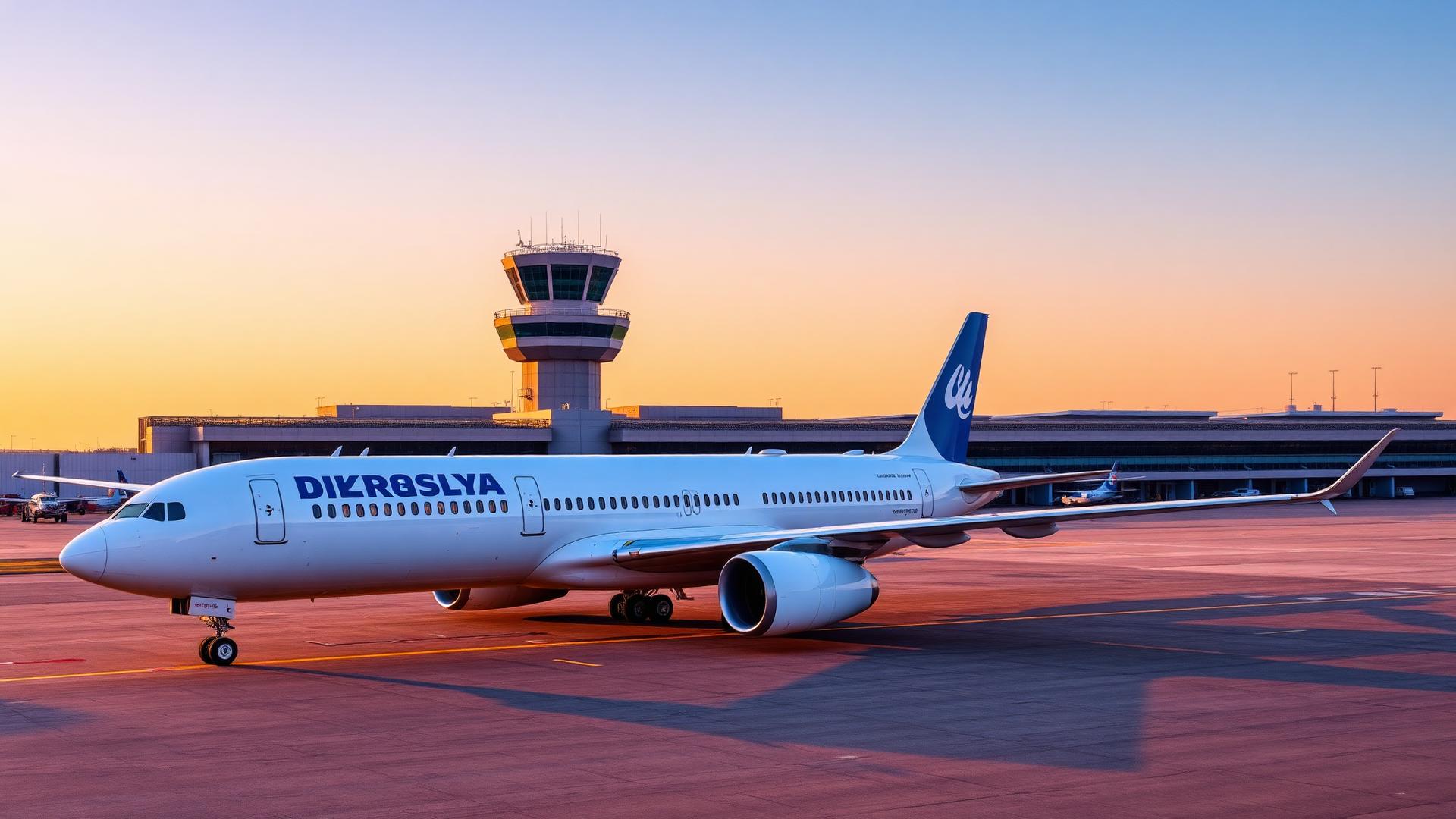 Commercial airliner and control tower at golden hour